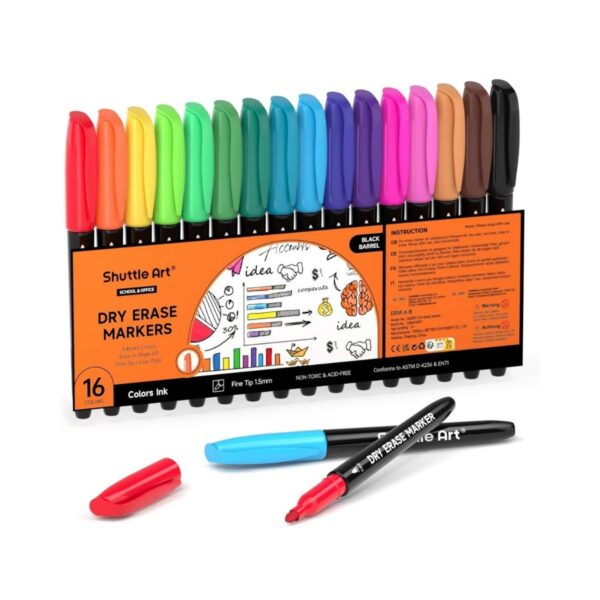 Shuttle Art (Fine-Tip) Non-Toxic Whiteboard Markers for Kids - Pack of 16