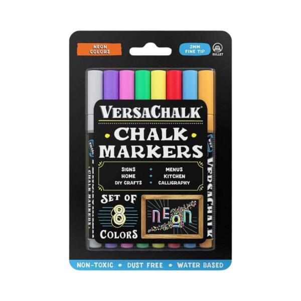 VersaChalk (Neon/ Fine Tip/ 3mm) Liquid Chalk/ Glass Markers (Pack of 8)